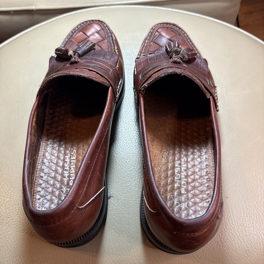 Vintage 90s Brown Hush Puppies Lancer Woven Leather Tassel‎ Loafers 11 - Picture 4 of 11
